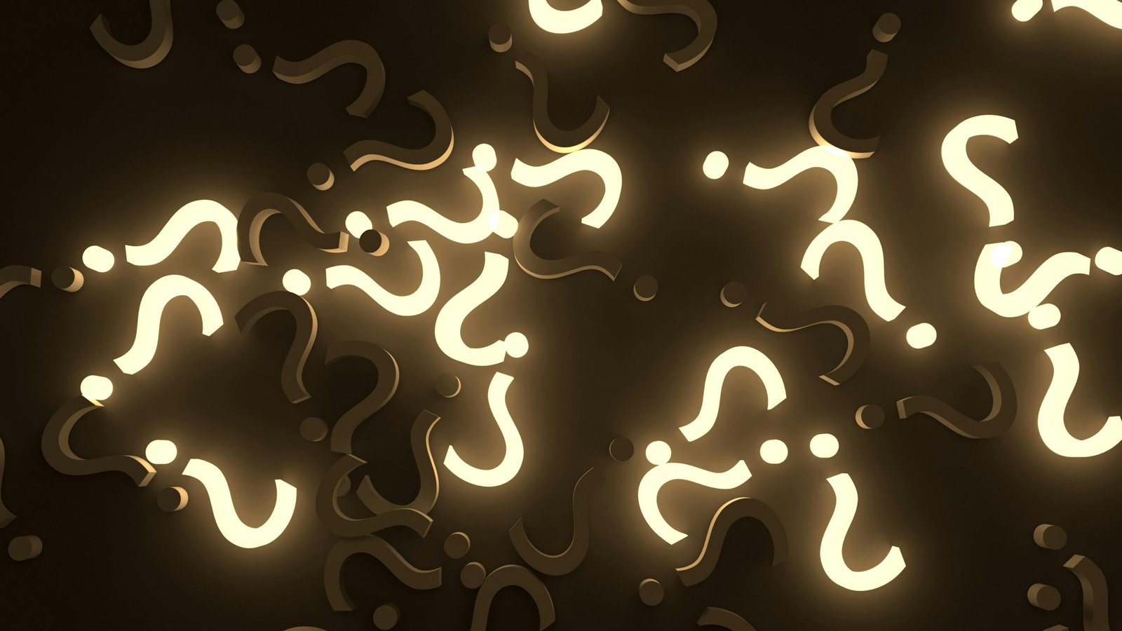 Abstract image of glowing question marks against a dark background, creating a mysterious atmosphere.